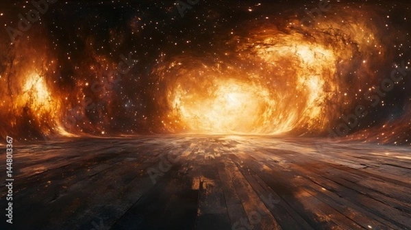 Fototapeta Breathtaking 360-degree equirectangular projection of deep space featuring a glowing nebula with scattered stars and cosmic dust.