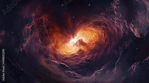 Fototapeta Breathtaking 360-degree equirectangular projection of deep space featuring a glowing nebula with scattered stars and cosmic dust.