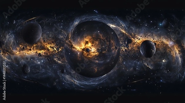 Fototapeta Breathtaking 360-degree equirectangular projection of deep space featuring a glowing nebula with scattered stars and cosmic dust.