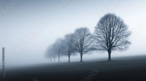 Fototapeta Bare trees emerging from fog in a serene winter landscape