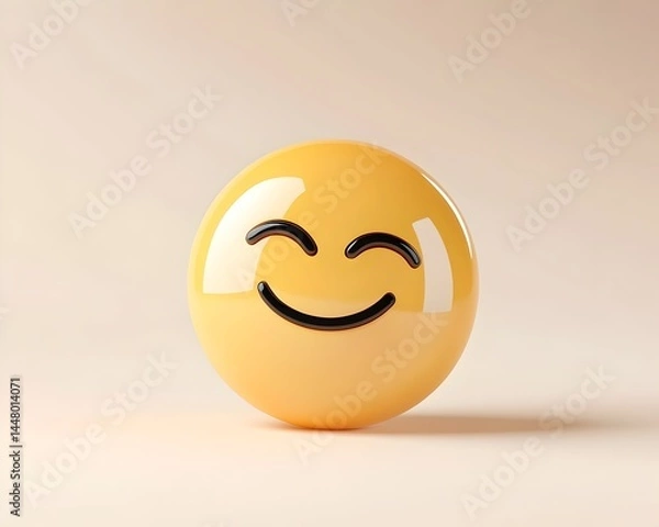 Fototapeta A cheerful, glossy yellow emoticon with upturned eyes and a wide smile, rendered in 3D against a pale background