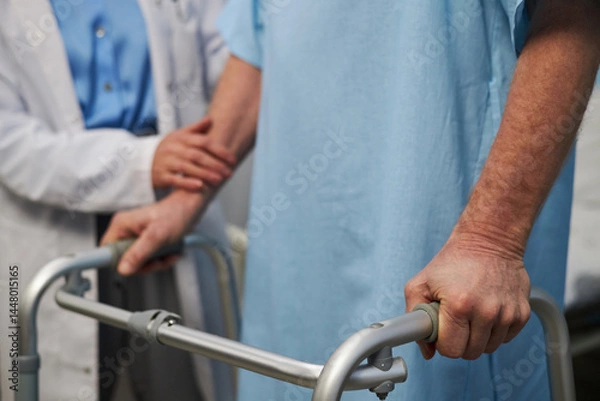 Fototapeta Doctor supporting senior patient using a medical walker in hospital, showing care and process of medical aid. Hands on walker, conveying professional assistance during recovery