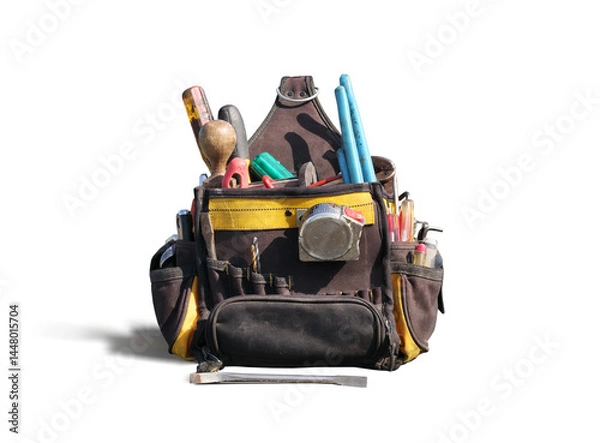 Fototapeta Isolated tool bag for handyman, carpenter, electrician or technician. Well-used tool kit or pouch for repair or installation. Assortment of screw drivers, measuring tape and crow bar. Selective focus.