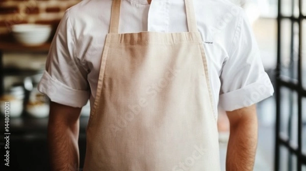 Fototapeta Chef in Modern Kitchen wearing Beige Linen Apron Mockup for Cooking Tasks