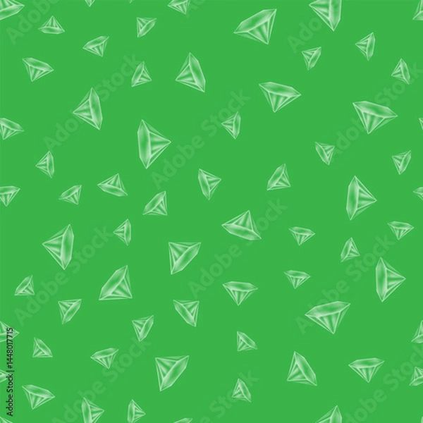 Obraz Vector crystal diamond seamless pattern on green background. Glass transparent prism backdrop. Mineral random triangle pyramid set.
