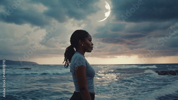 Obraz A lone woman stands on the beach, lost in thought as she gazes up at the moon