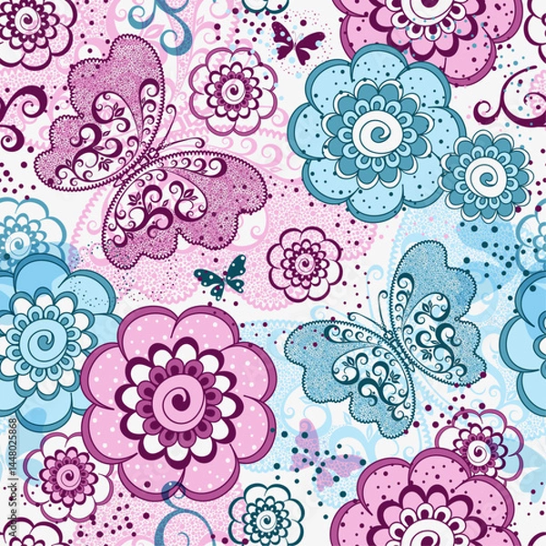 Fototapeta Vector hand drawn seamless dotted pattern with fantasy colorful lace butterflies and flowers on white background. For packaging, wallpaper, textiles