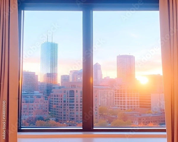Obraz Sunrise cityscape view through a large window with beige curtains