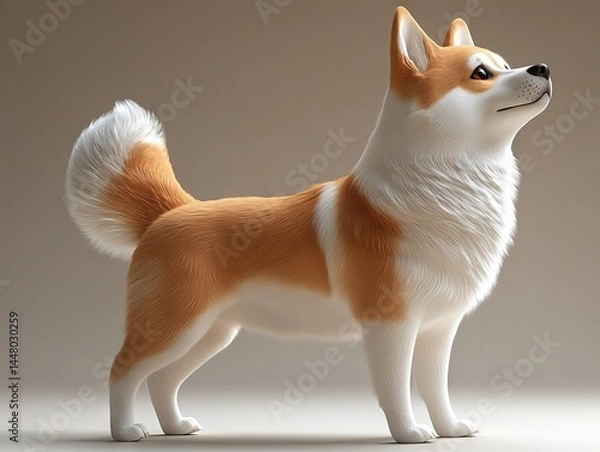 Fototapeta A Corgi with orange-brown and white fur, alert expression, and curled tail standing against clean background