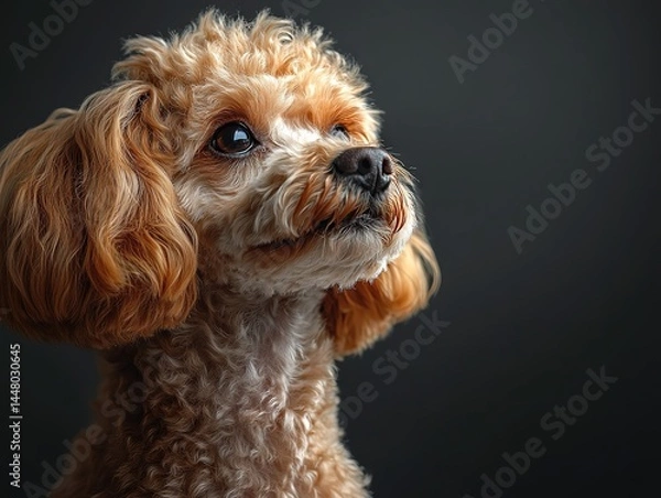 Fototapeta Tiny orange Chihuahua with large reflective eyes stares at camera, snowflake-shaped collar on blurred teal backdrop.