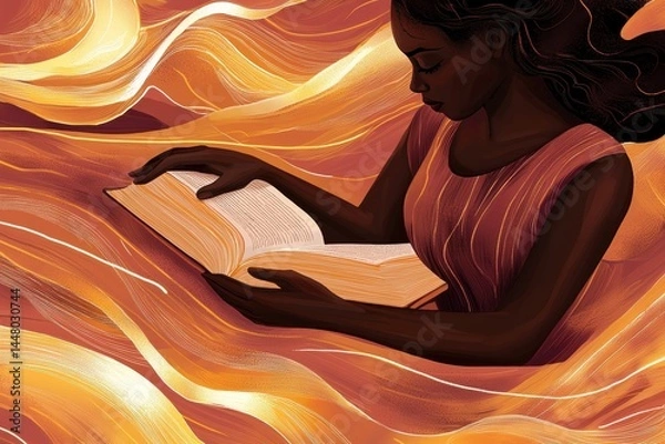 Fototapeta Clean flat-style image of two praying hands resting on a Bible, with golden light lines surrounding them