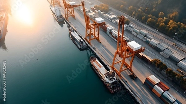 Fototapeta Aerial View of Cargo Ships and Cranes at Container Port During Sunrise with Reflections on Water Surface