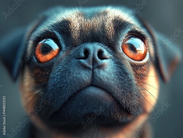 Fototapeta A close-up of a pug's face with vibrant orange-red eyes, black nose, and wrinkled features against a soft-toned blurred background.