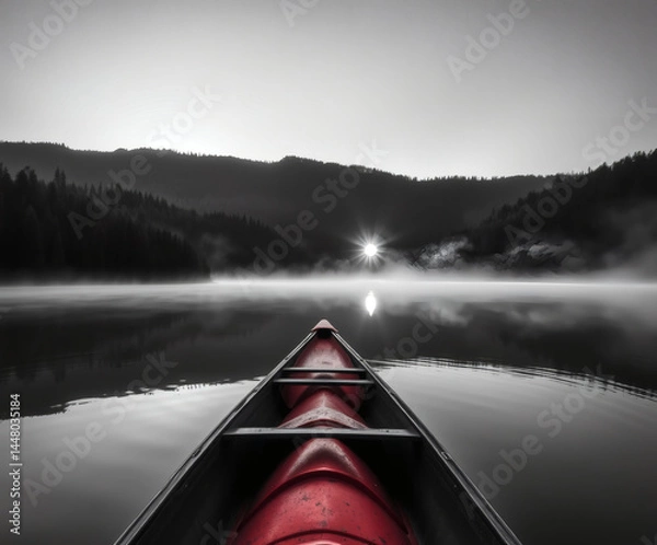 Obraz Quiet dawn on tranquil lake with mist rising and a single canoe gliding towards the sun