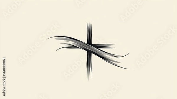 Fototapeta Minimalist line art of a cross wrapped with a flowing ribbon, centered on a clean pastel background