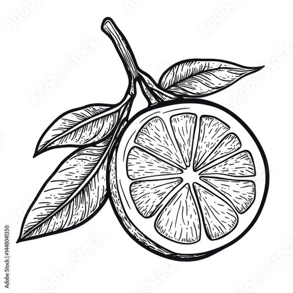 Obraz Hand-drawn illustration of a halved orange with leaves.