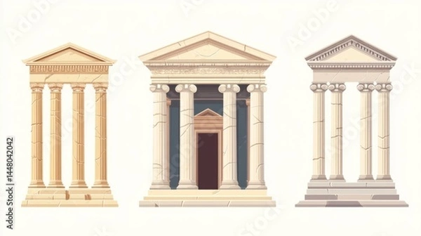 Fototapeta Three classical temple illustrations with different architectural styles and color palettes, isolated on white background.