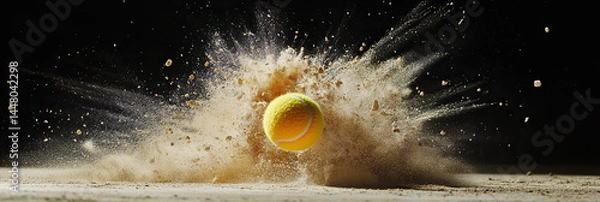 Fototapeta Tennis Ball Impact with Exploding Dust and Debris High-Speed Action Shot,dynamic Tennis Ball in Motion with Dust,Tennis Ball Hitting Ground with Exploding Dust,tennis ball captured in stunning,