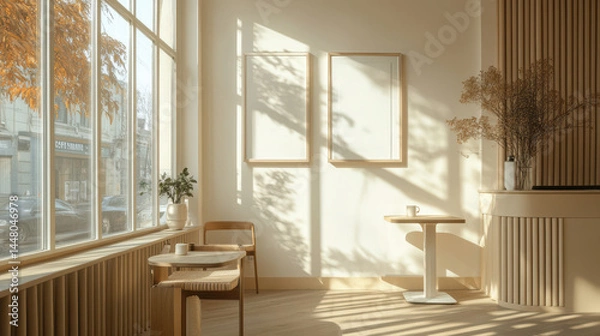 Fototapeta Cozy cafe interior with natural light, empty frames, and decor