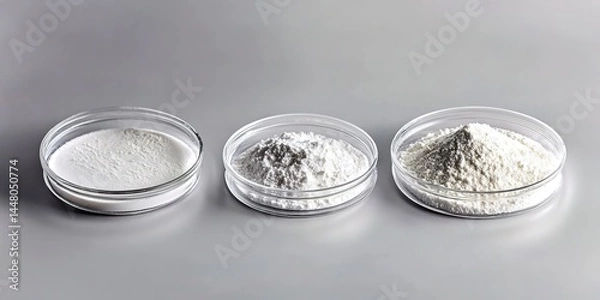 Fototapeta Three petri-dishes with white powders on a gray background.