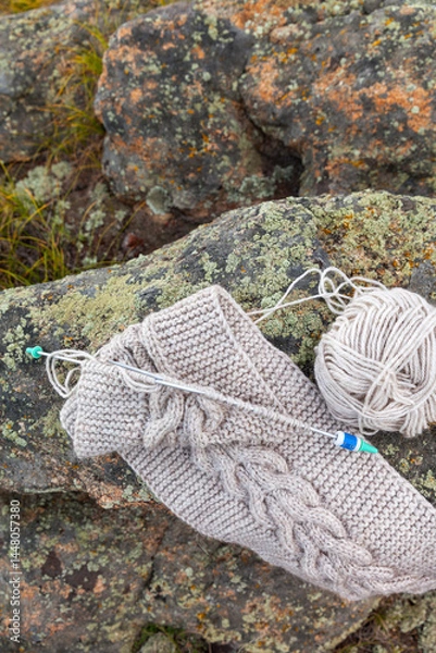 Fototapeta Knitting as leisure and outdoor recreation. Top view of warm hand-knitted scarf with braid made of natural wool yarn on knitting needles against mossy stones in forest park. Close-up, copy space