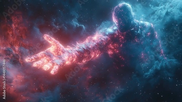 Fototapeta An ethereal cosmic figure emerging from swirling nebulae extends a glowing hand towards the viewer in a mesmerizing display of light.