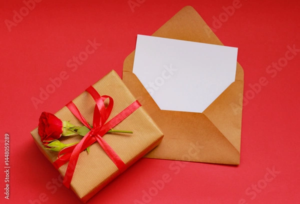 Fototapeta Gift box wrapped in kraft paper with red rose and ribbon, next to an envelope and card on red background — a beautiful setup for expressing love on Mother’s Day.