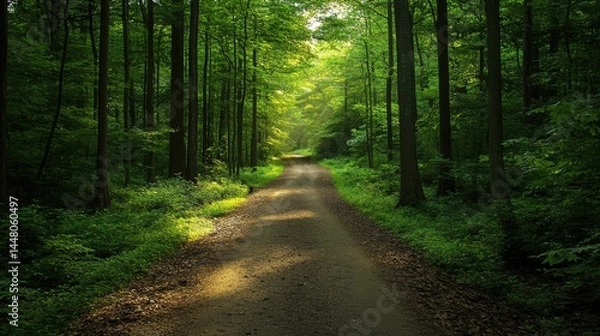 Fototapeta Forest path illuminated by sunlight, inviting exploration ahead