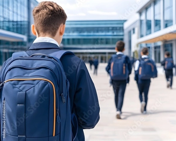 Fototapeta A schoolboy with a backpack walks away from the camera, other students in uniform are seen in the background, walking towards the modern school building