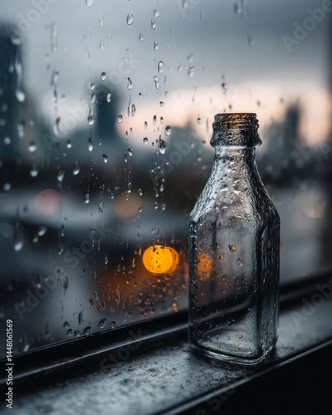 Fototapeta Rain-streaked empty glass bottle on windowsill with blurred city lights in background evoking melancholy and nostalgia, AI generative