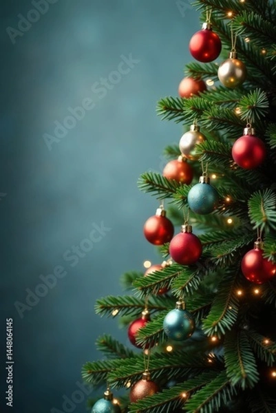 Fototapeta Decorated Christmas tree with ornaments hanging from branches, Christmas, New Year, Holiday