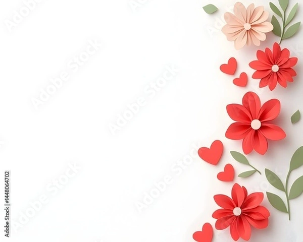 Fototapeta Delicate paper flowers and hearts adorn a white background, creating a charming, romantic border
