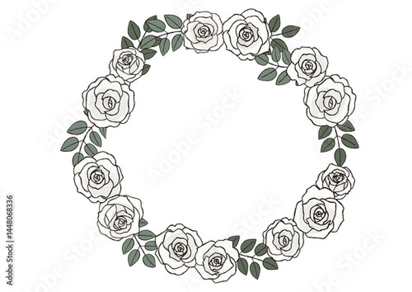 Fototapeta おしゃれな手描きのバラの花のリース　白い薔薇のリース
