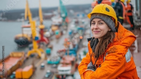 Fototapeta Female Maritime Worker Smiling at Port on a Rainy Day