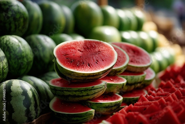 Fototapeta Vibrant market display of fresh watermelons inviting shoppers in a summer afternoon atmosphere
