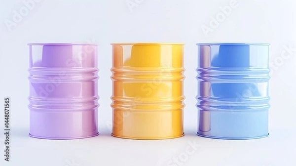 Obraz Three pastel-colored metal drums stand in a row against a white background