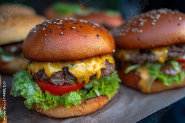 Fototapeta Delicious stacked burgers topped with melted cheese and fresh vegetables ready for a summer feast