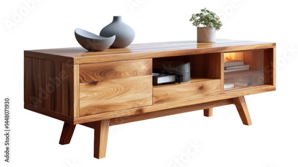 Fototapeta Mid-Century Modern TV Stand: Sleek and stylish mid-century modern TV stand crafted from light oak wood, featuring clean lines, tapered legs, and ample storage space.