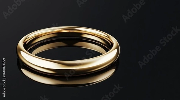 Fototapeta Simple gold wedding band on black reflective surface.