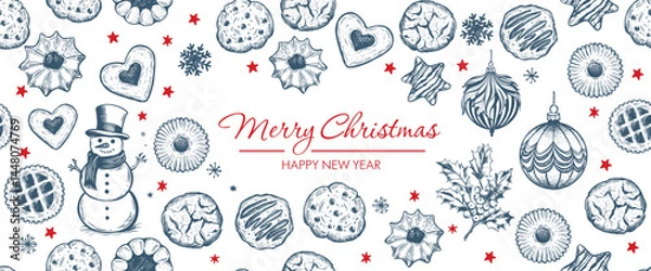 Obraz Cookie pattern on white, hand drawn illustration.	