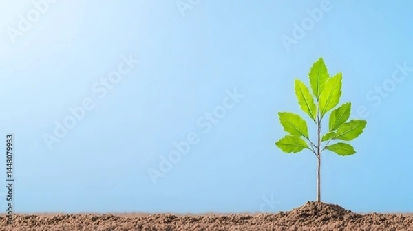 Fototapeta A vibrant green sapling sprouts from dark soil against a serene light-blue backdrop