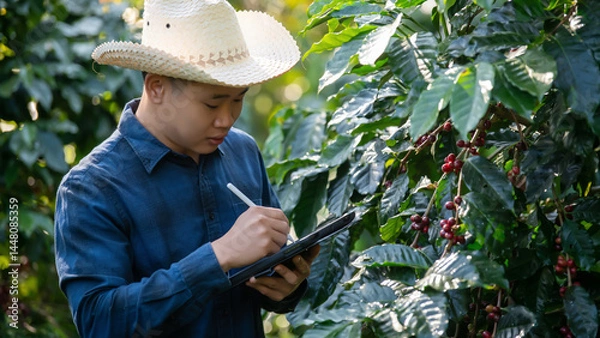Fototapeta Smart farmer using laptop in green coffee farm sustainable quality control agriculture technology Harvest coffee bean ripe Red berries typing laptop computer check quality control plant coffee tree.