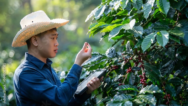 Fototapeta Smart farmer using laptop in green coffee farm sustainable quality control agriculture technology Harvest coffee bean ripe Red berries typing laptop computer check quality control plant coffee tree.
