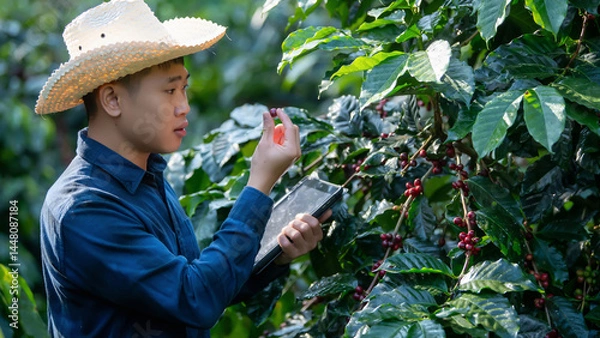 Fototapeta Smart farmer using laptop in green coffee farm sustainable quality control agriculture technology Harvest coffee bean ripe Red berries typing laptop computer check quality control plant coffee tree.