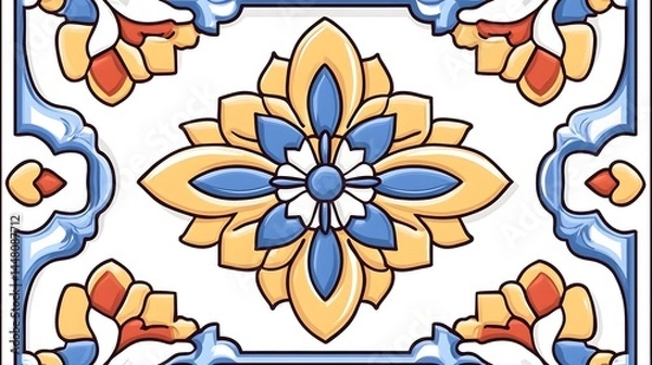 Obraz Ornate tile design with a central flower motif in yellow and blue, surrounded by swirling patterns in red and blue on a white background
