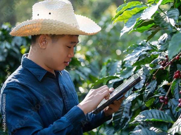 Fototapeta Smart farmer using laptop in green coffee farm sustainable quality control agriculture technology Harvest coffee bean ripe Red berries typing laptop computer check quality control plant coffee tree.