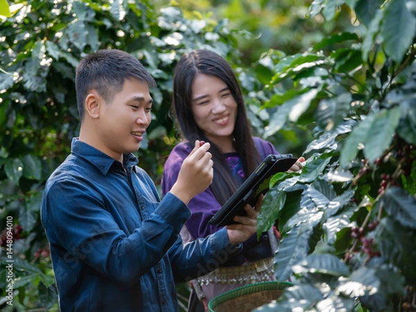 Fototapeta Smart farmer using laptop in green coffee farm sustainable quality control agriculture technology Harvest coffee bean ripe Red berries typing laptop computer check quality control plant coffee tree.