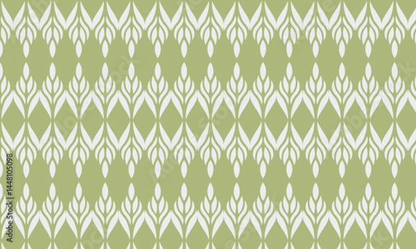 Fototapeta Seamless decorative pattern with a leaf-like geometric design in soft olive green and white. Ideal for fabric, wallpaper, backgrounds, and eco-themed visual projects.