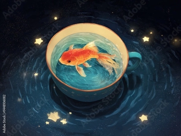 Fototapeta A fish swimming through a floating tea cup, creating ripples that turn into stars