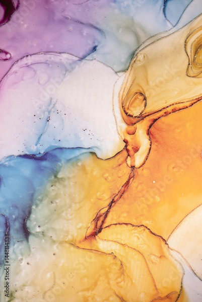 Fototapeta Colorful marble surface in orange, blue and pink tones with glitter effect. Modern abstract stone background.
